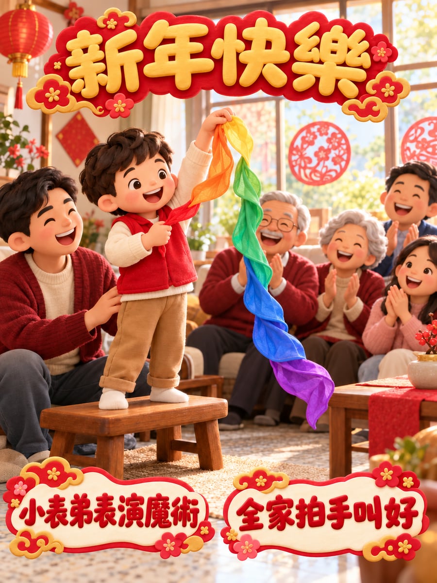 小表弟表演魔術。圖中文字：新年快樂，小表弟表演魔術，全家拍手叫好