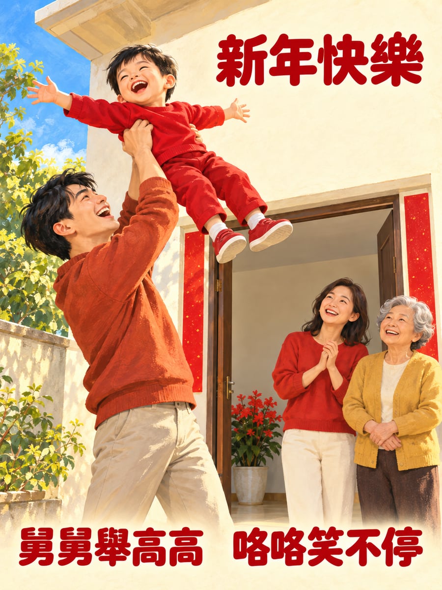 舅舅把外甥舉高高。圖中文字：新年快樂，舅舅舉高高，咯咯笑不停