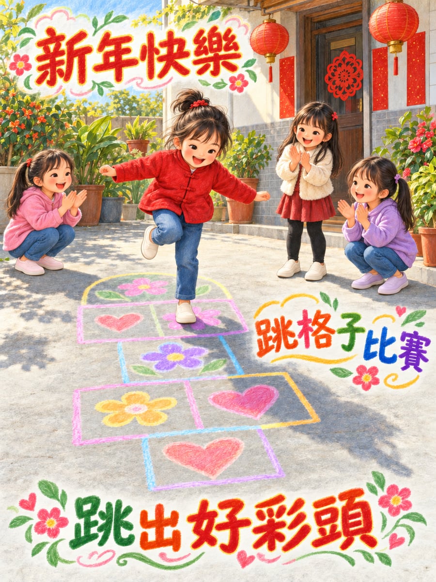 跳格子比賽。圖中文字：新年快樂，跳格子比賽，跳出好彩頭