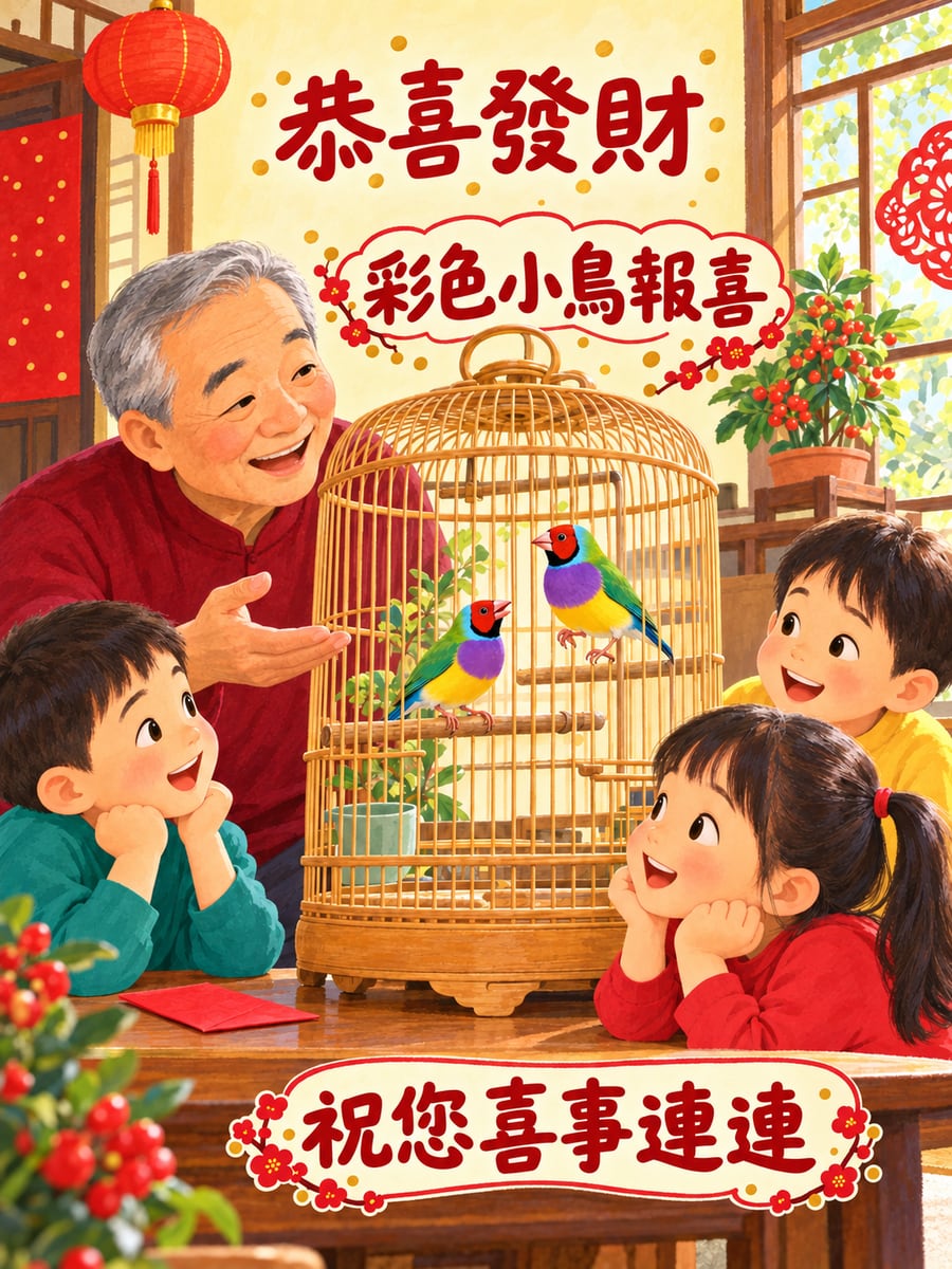 大伯家的彩色小鳥。圖中文字：恭喜發財，彩色小鳥報喜，祝您喜事連連