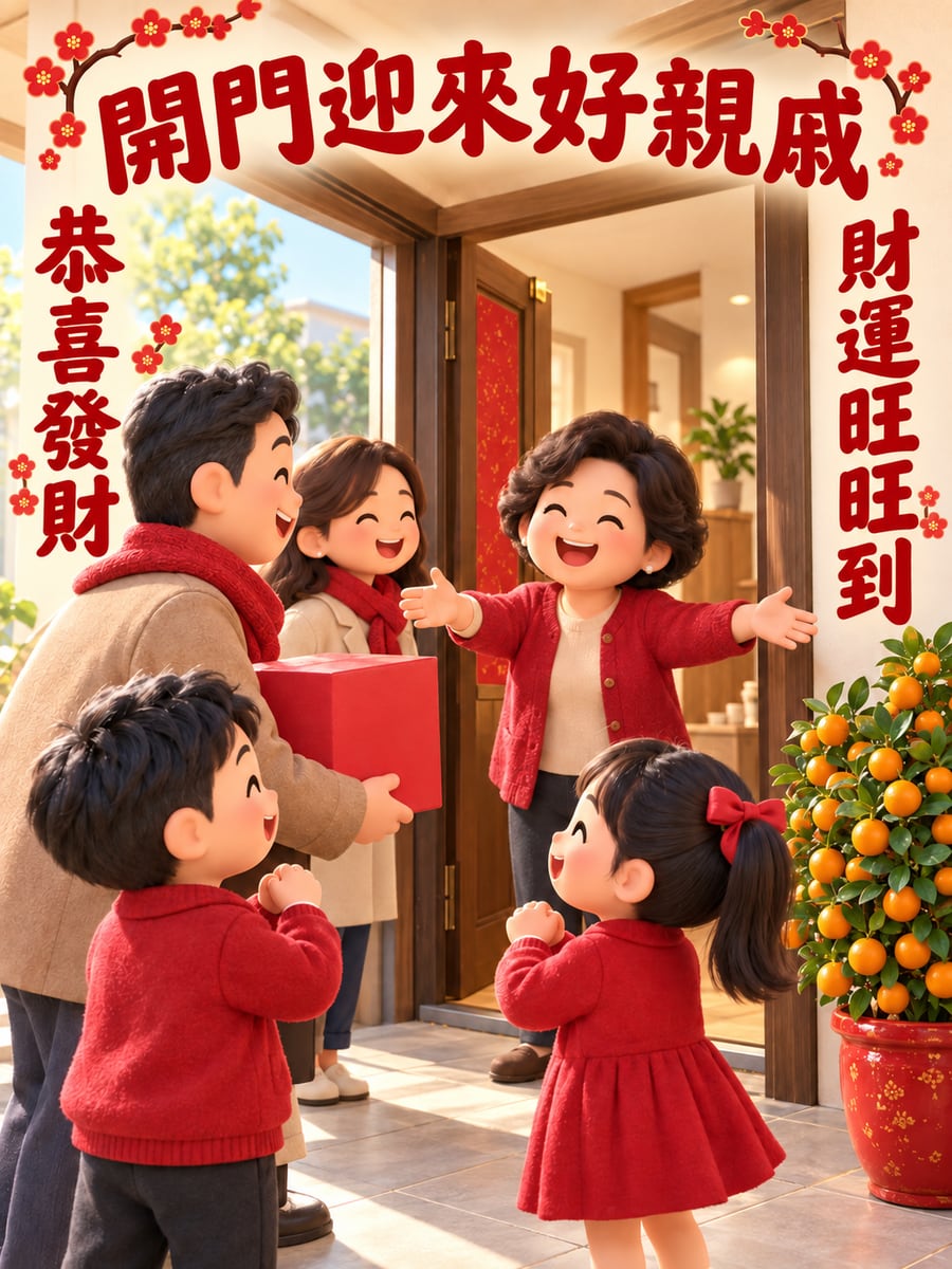 阿姨開門迎接拜年的親戚。圖中文字：恭喜發財，開門迎來好親戚，財運旺旺到