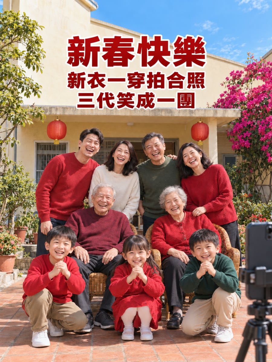 三代同堂新春合照。圖中文字：新春快樂，新衣一穿拍合照，三代笑成一團