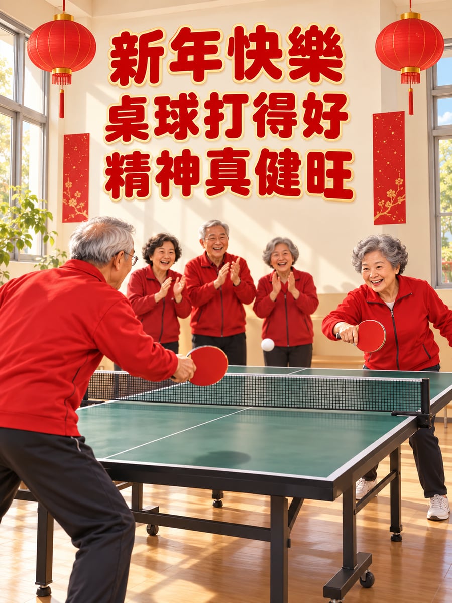 過年社區桌球賽。圖中文字：新年快樂，桌球打得好，精神真健旺