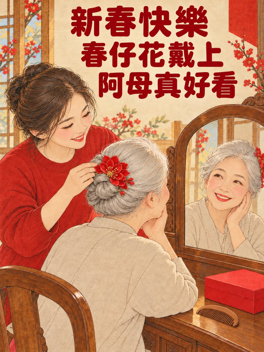 幫媽媽插上春仔花。圖中文字：新春快樂，春仔花戴上，阿母真好看