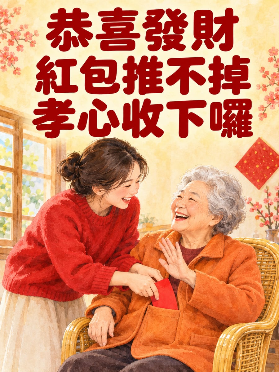 阿嬤推回紅包。圖中文字：恭喜發財，紅包推不掉，孝心收下囉