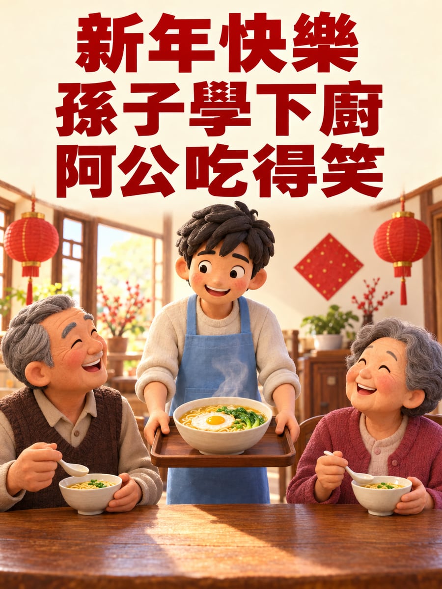 孫子下廚煮麵。圖中文字：新年快樂，孫子學下廚，阿公吃得笑