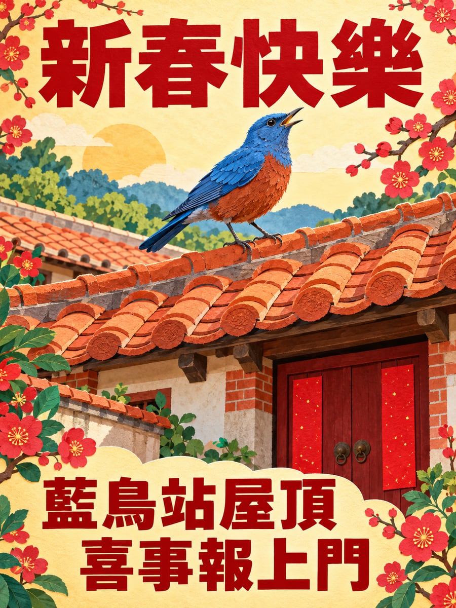 紅瓦屋頂上的小藍鳥。圖中文字：新春快樂，藍鳥站屋頂，喜事報上門