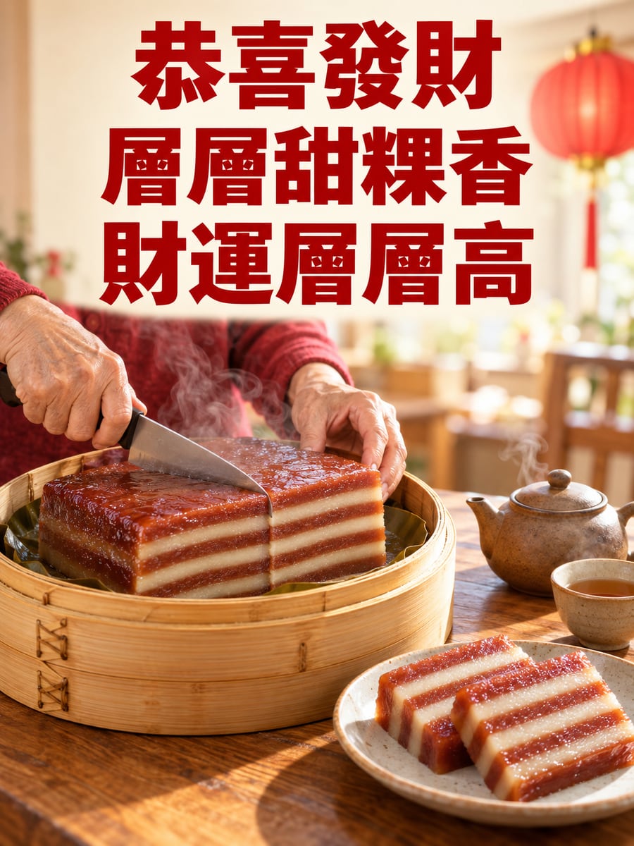 層層疊疊的九層粿。圖中文字：恭喜發財，層層甜粿香，財運層層高