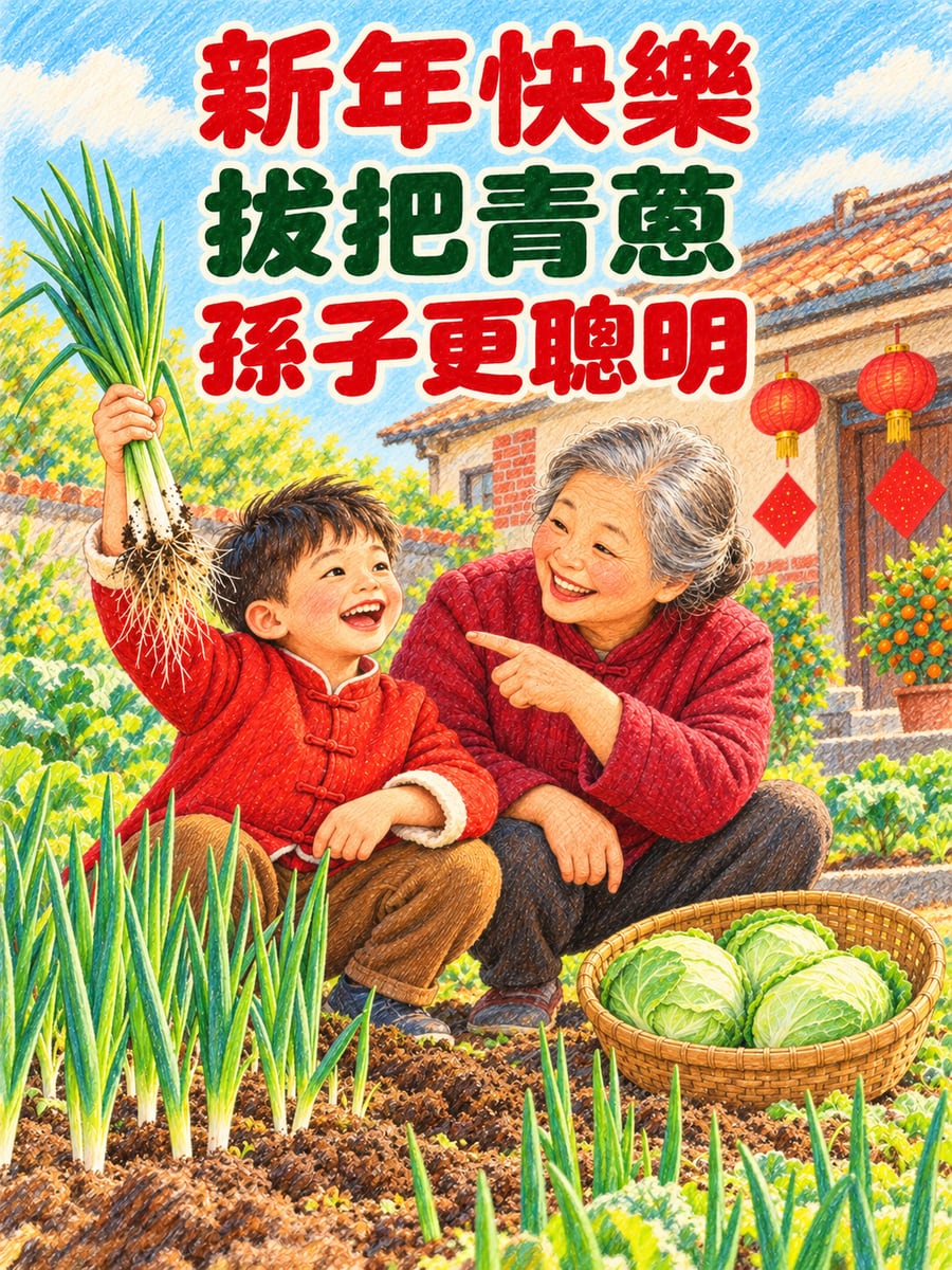阿嬤帶孫子拔青蔥。圖中文字：新年快樂，拔把青蔥，孫子更聰明