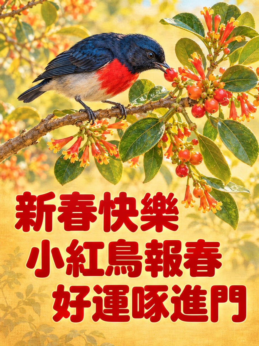 小紅鳥啄紅果子。圖中文字：新春快樂，小紅鳥報春，好運啄進門