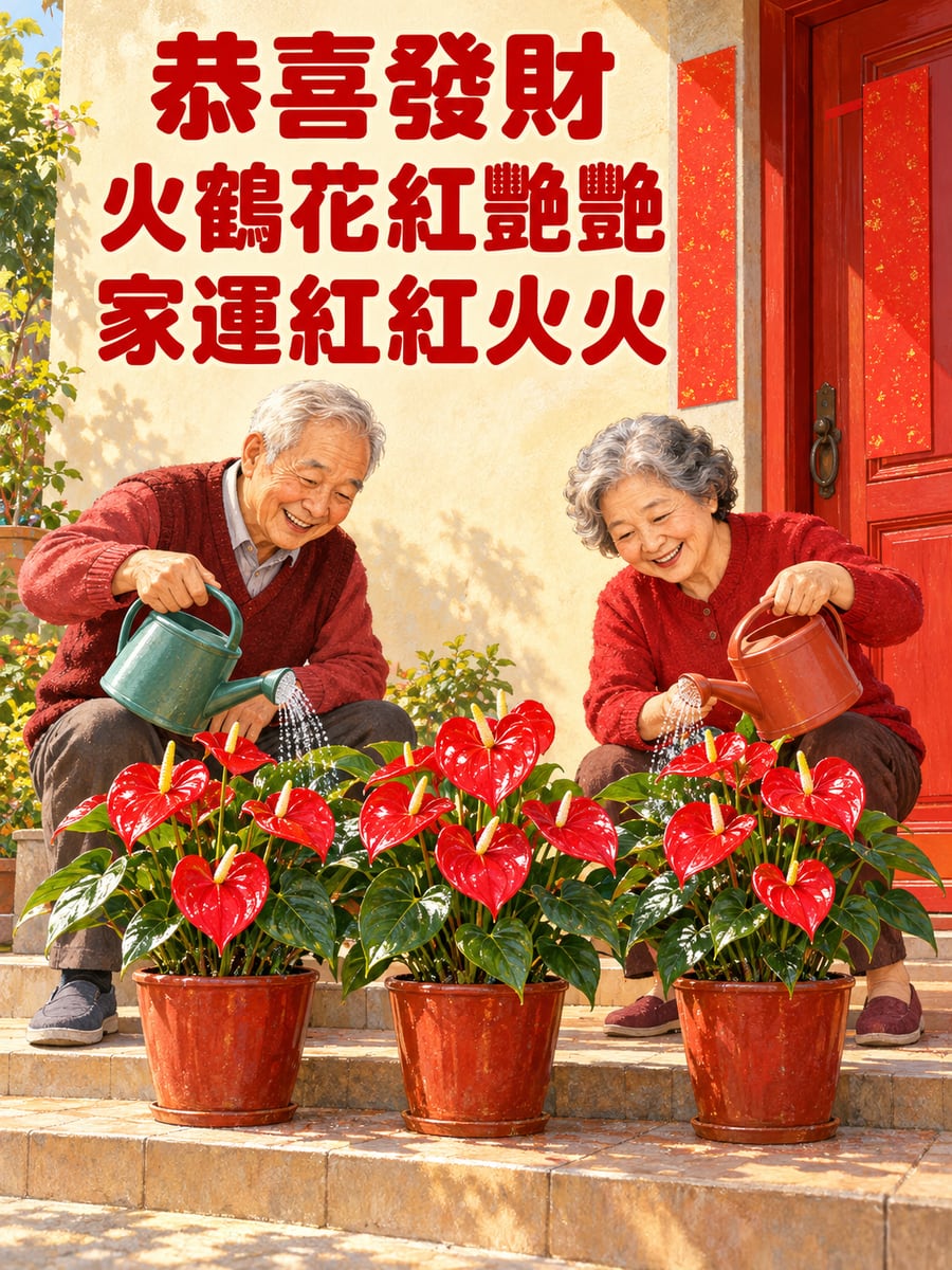 火鶴花開紅豔豔。圖中文字：恭喜發財，火鶴花紅豔豔，家運紅紅火火
