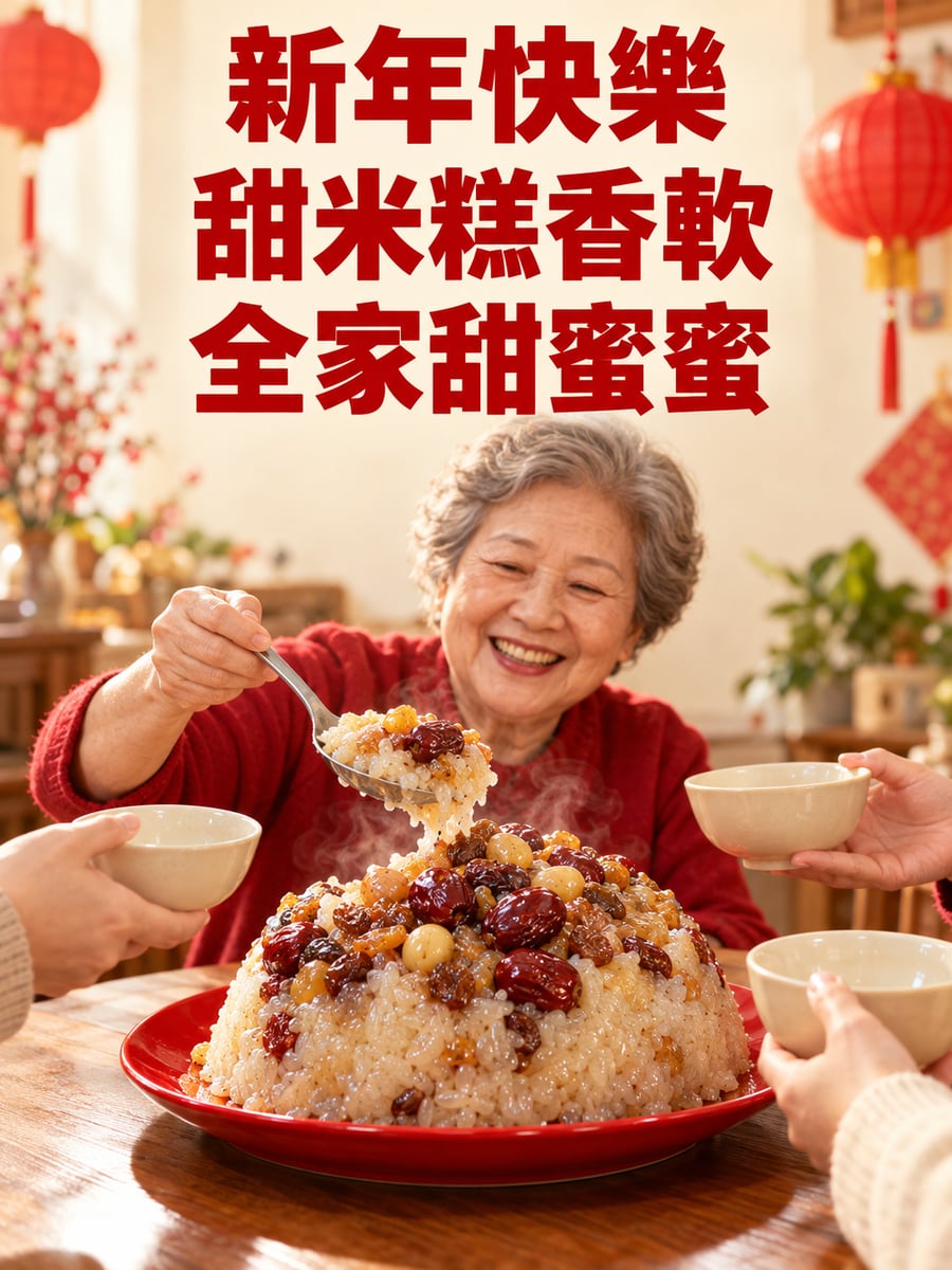 八寶甜米糕上桌。圖中文字：新年快樂，甜米糕香軟，全家甜蜜蜜
