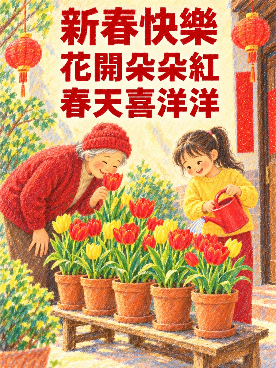 紅黃鬱金香迎春。圖中文字：新春快樂，花開朵朵紅，春天喜洋洋