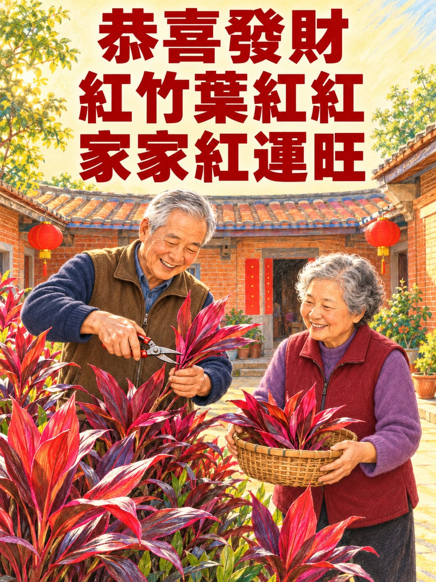 三合院剪紅竹。圖中文字：恭喜發財，紅竹葉紅紅，家家紅運旺