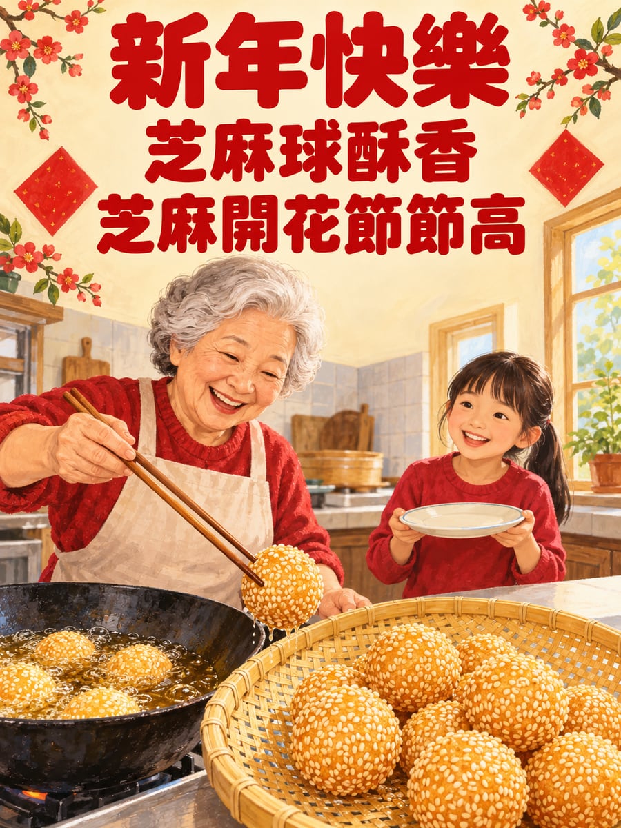 阿嬤炸芝麻球。圖中文字：新年快樂，芝麻球酥香，芝麻開花節節高