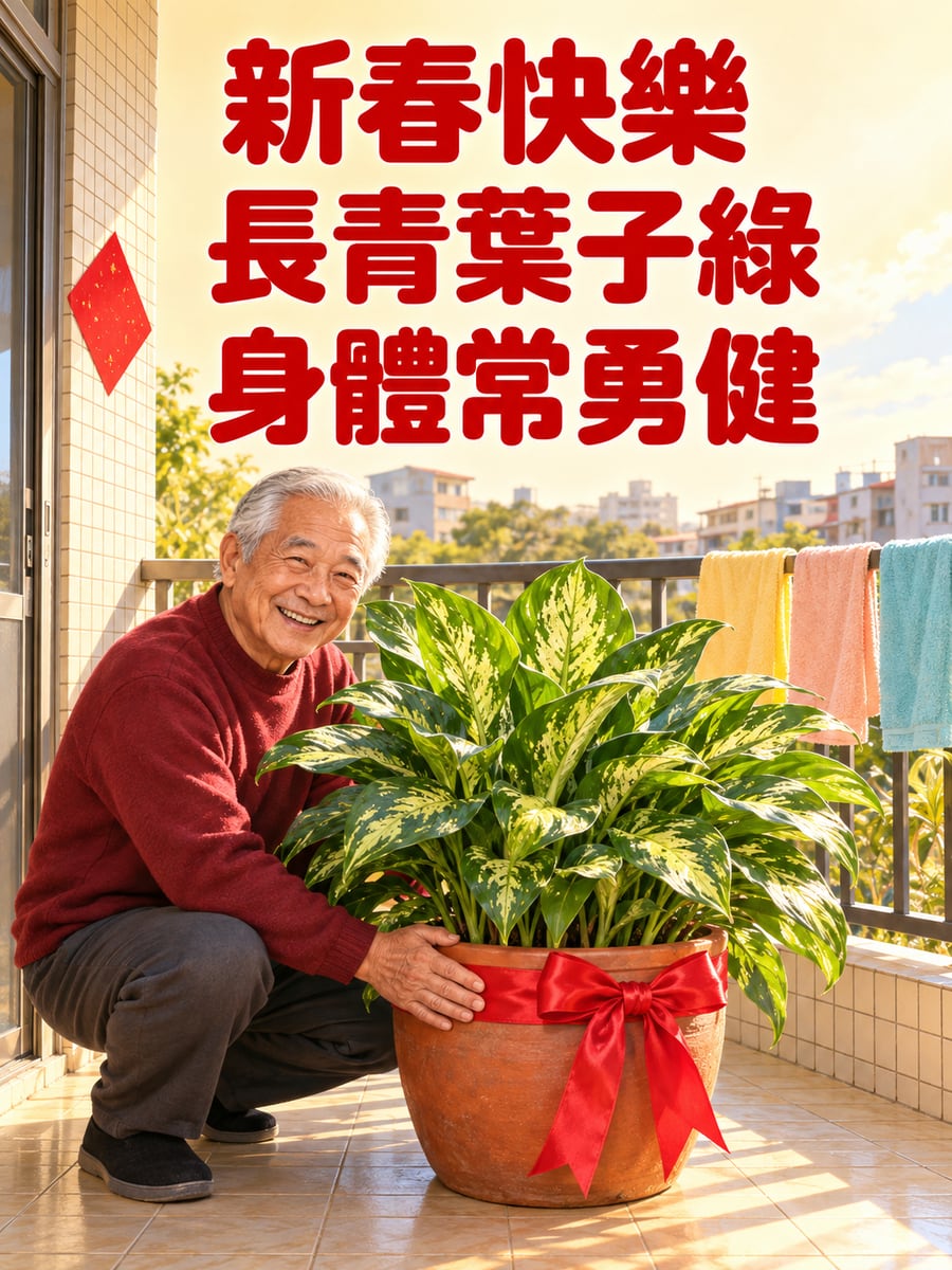 阿公的萬年青。圖中文字：新春快樂，長青葉子綠，身體常勇健