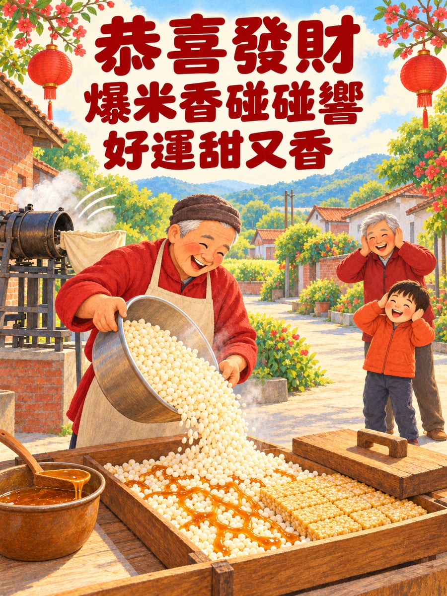 爆米香碰一聲。圖中文字：恭喜發財，爆米香碰碰響，好運甜又香
