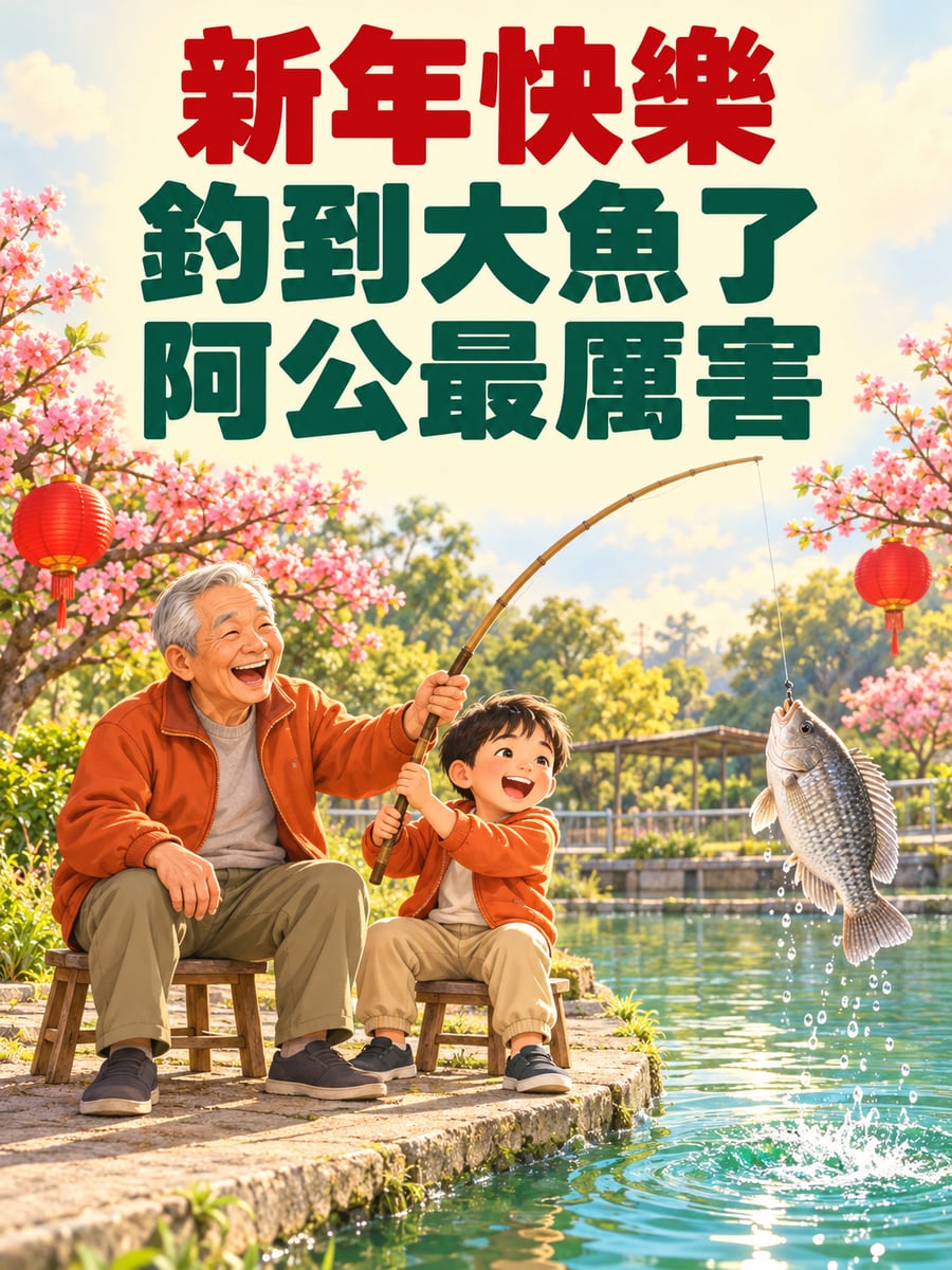 祖孫釣起吳郭魚。圖中文字：新年快樂，釣到大魚了，阿公最厲害