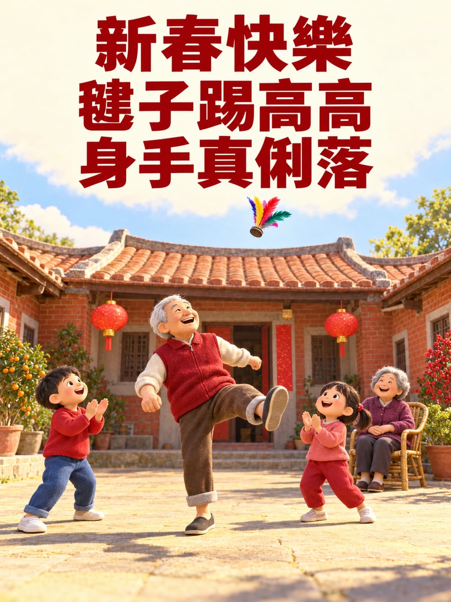 稻埕踢毽子的阿公。圖中文字：新春快樂，毽子踢高高，身手真俐落