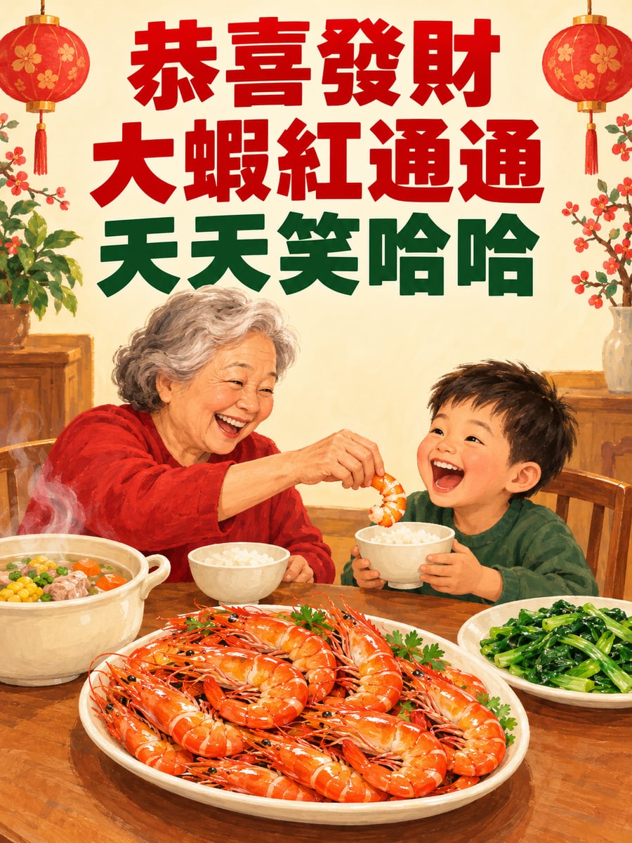 一大盤紅通通的鮮蝦。圖中文字：恭喜發財，大蝦紅通通，天天笑哈哈