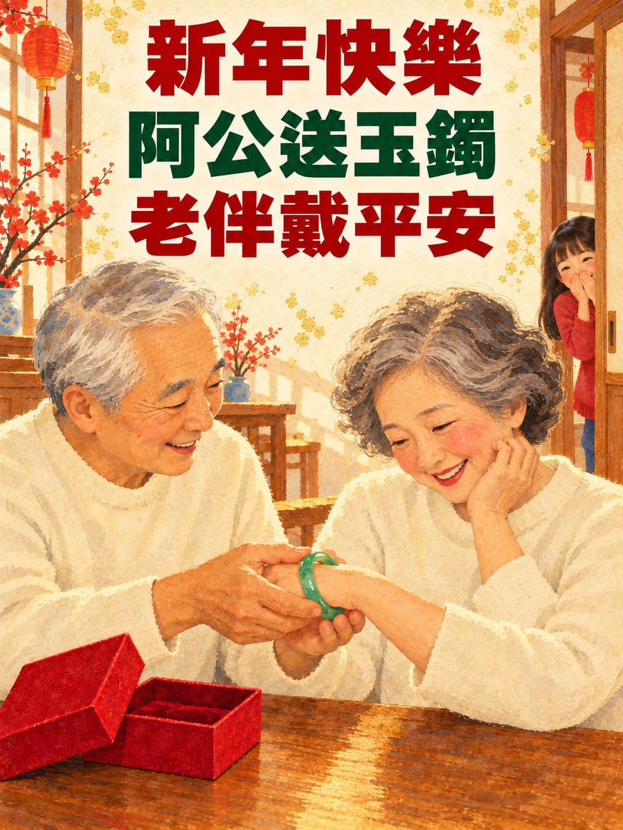 阿公送阿嬤玉鐲。圖中文字：新年快樂，阿公送玉鐲，老伴戴平安