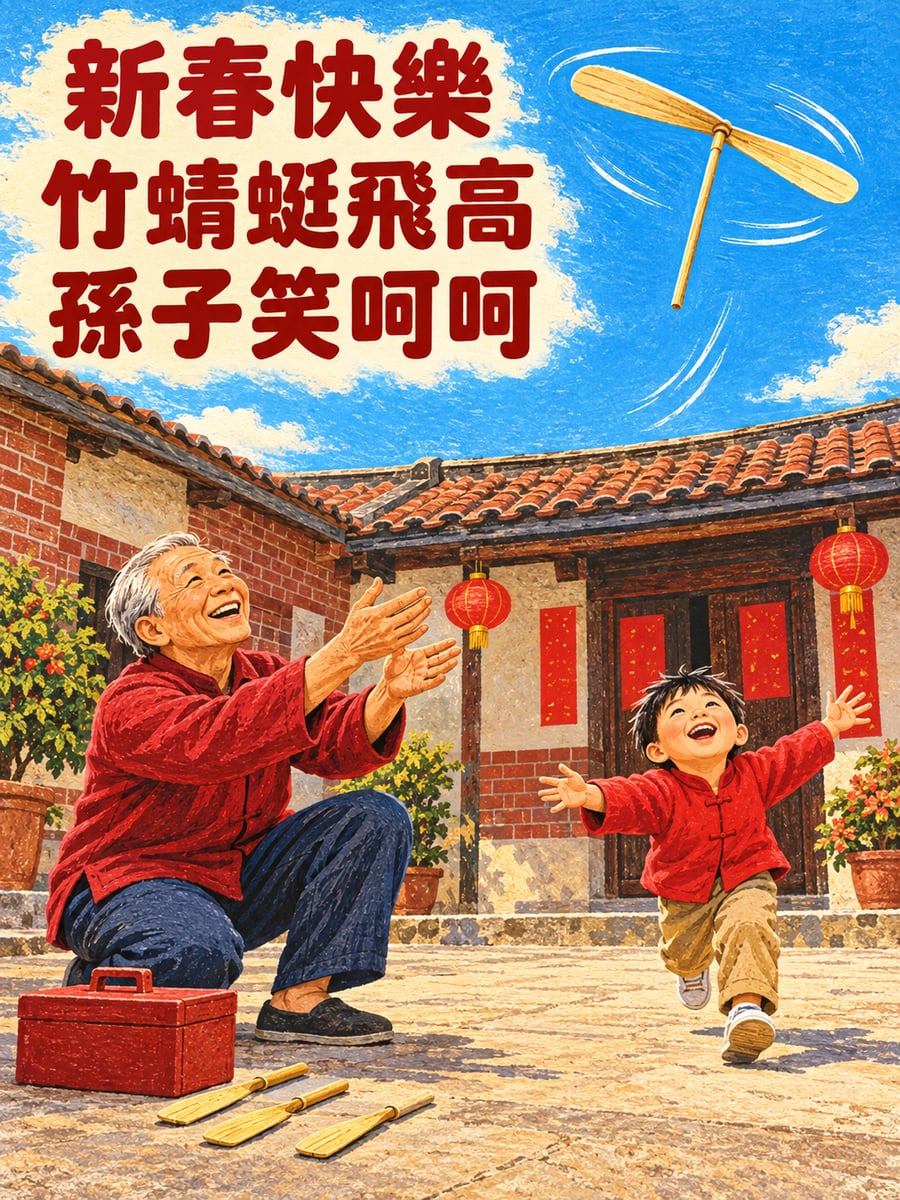 阿公做竹蜻蜓。圖中文字：新春快樂，竹蜻蜓飛高，孫子笑呵呵