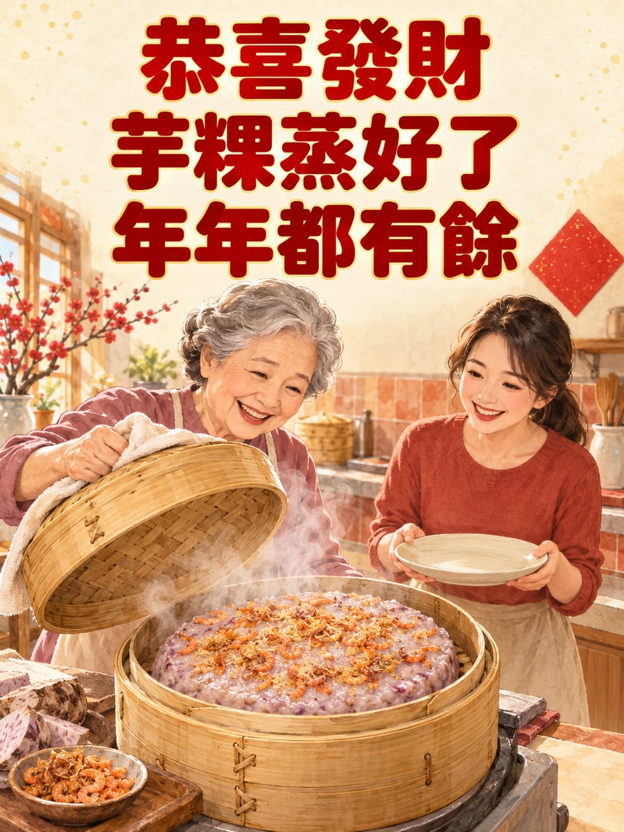 阿嬤蒸芋粿。圖中文字：恭喜發財，芋粿蒸好了，年年都有餘