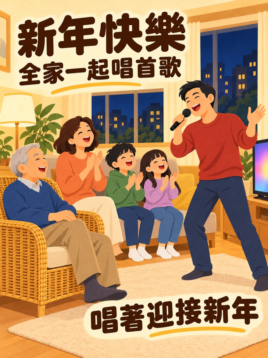 跨年夜全家唱歌。圖中文字：新年快樂，全家一起唱首歌，唱著迎接新年