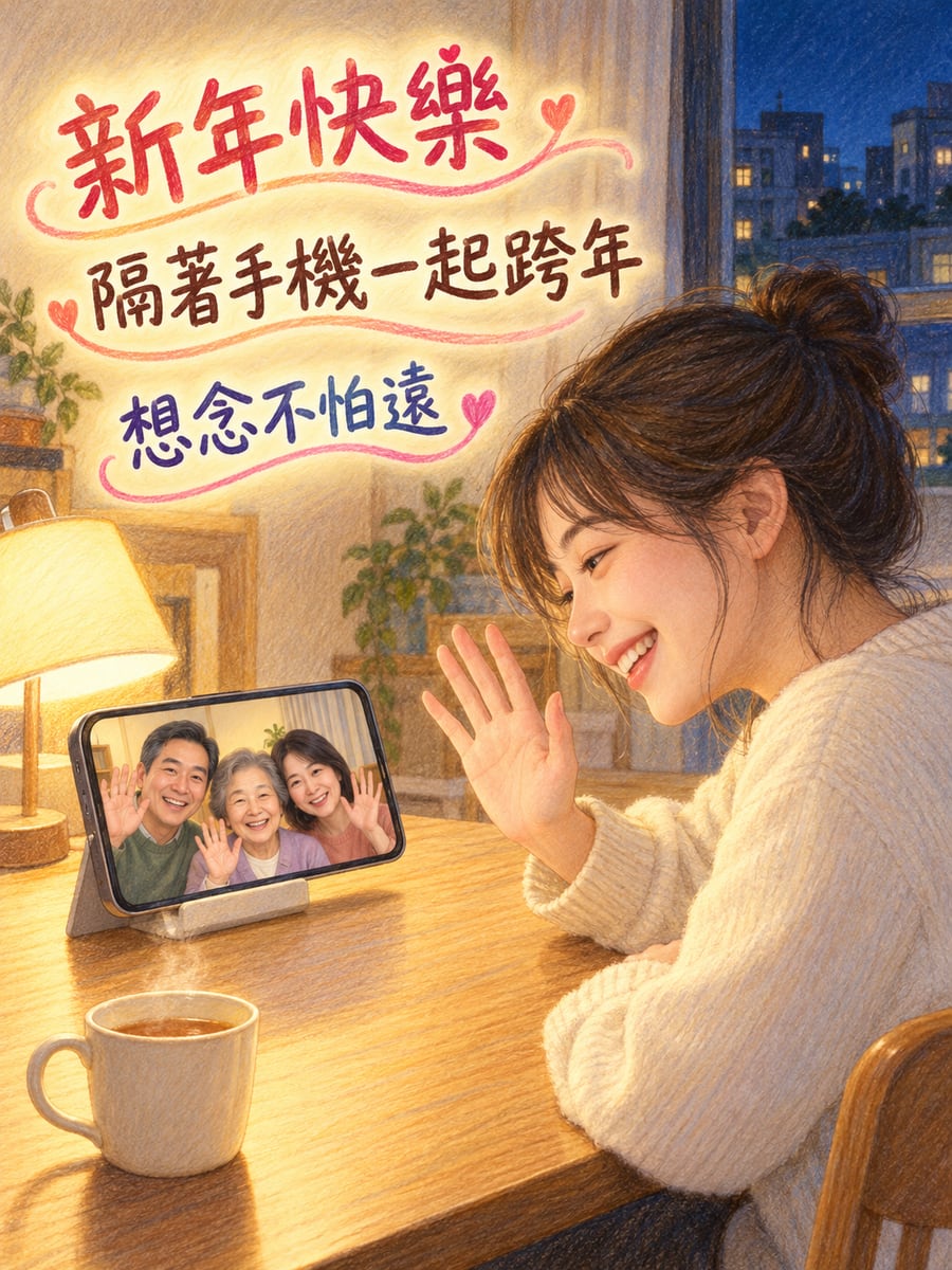 隔著手機一起跨年。圖中文字：新年快樂，隔著手機一起跨年，想念不怕遠