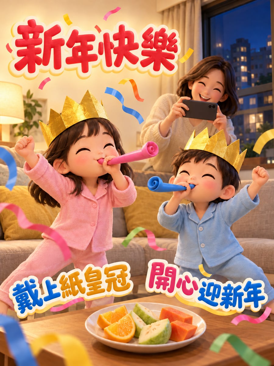 小朋友戴紙皇冠跨年。圖中文字：新年快樂，戴上紙皇冠，開心迎新年