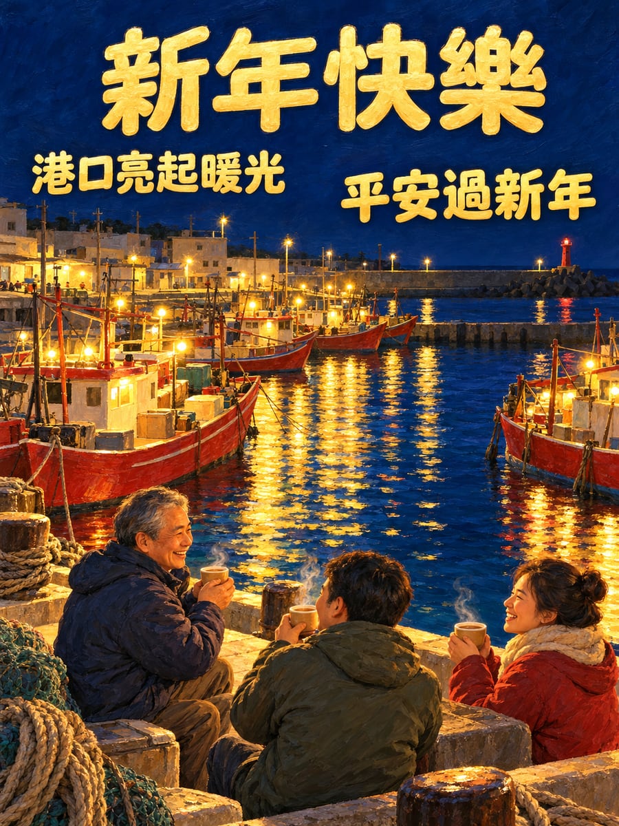 漁港燈火跨年夜。圖中文字：新年快樂，港口亮起暖光，平安過新年