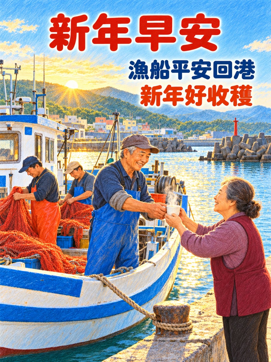 元旦清晨的漁港。圖中文字：新年早安，漁船平安回港，新年好收穫
