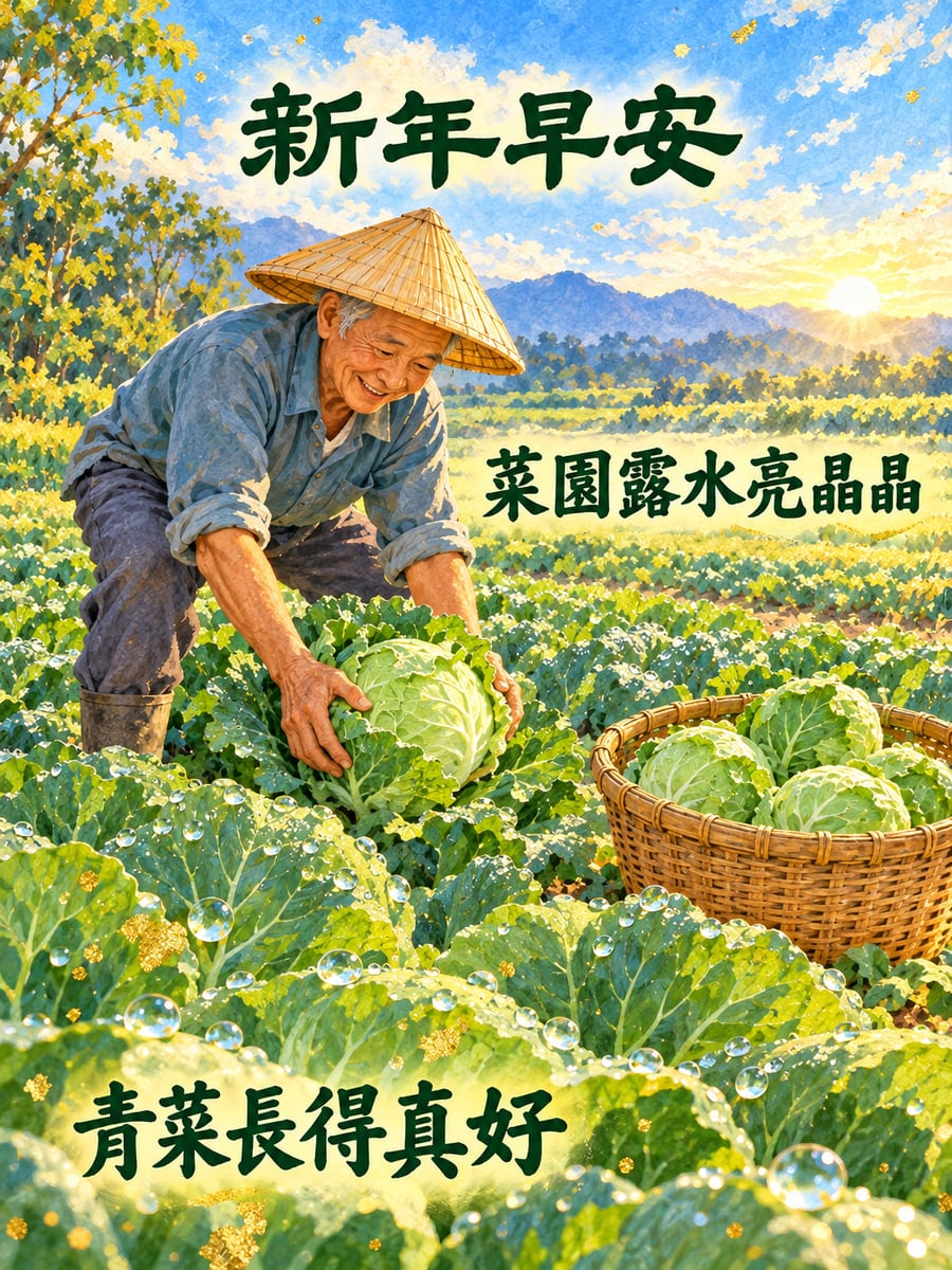 菜園清晨採高麗菜。圖中文字：新年早安，菜園露水亮晶晶，青菜長得真好
