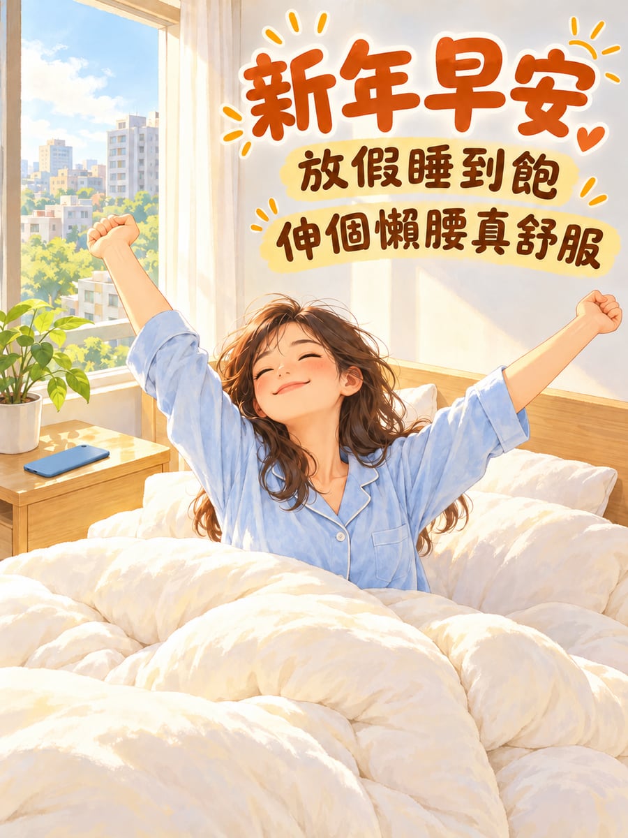 上班族放假睡飽飽。圖中文字：新年早安，放假睡到飽，伸個懶腰真舒服