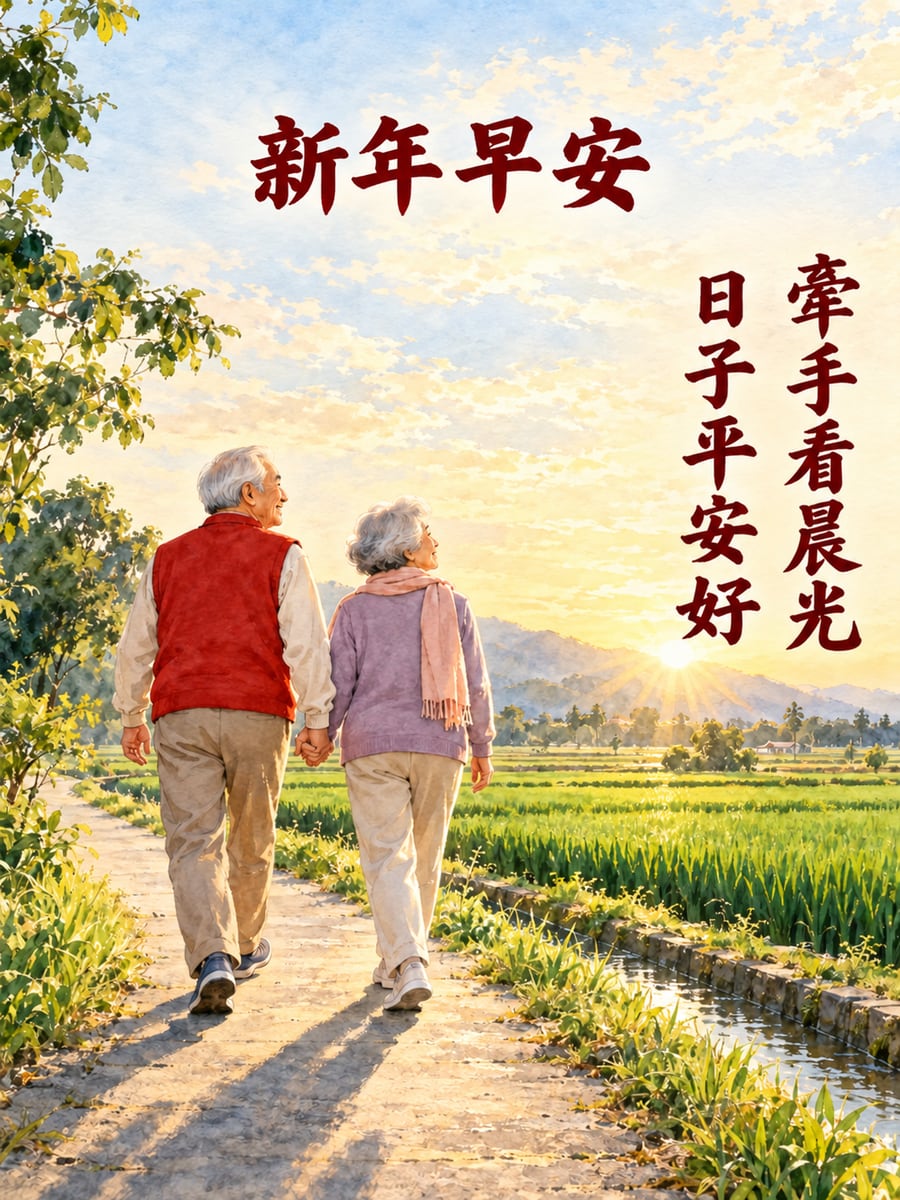 老夫妻田邊散步。圖中文字：新年早安，牽手看晨光，日子平安好