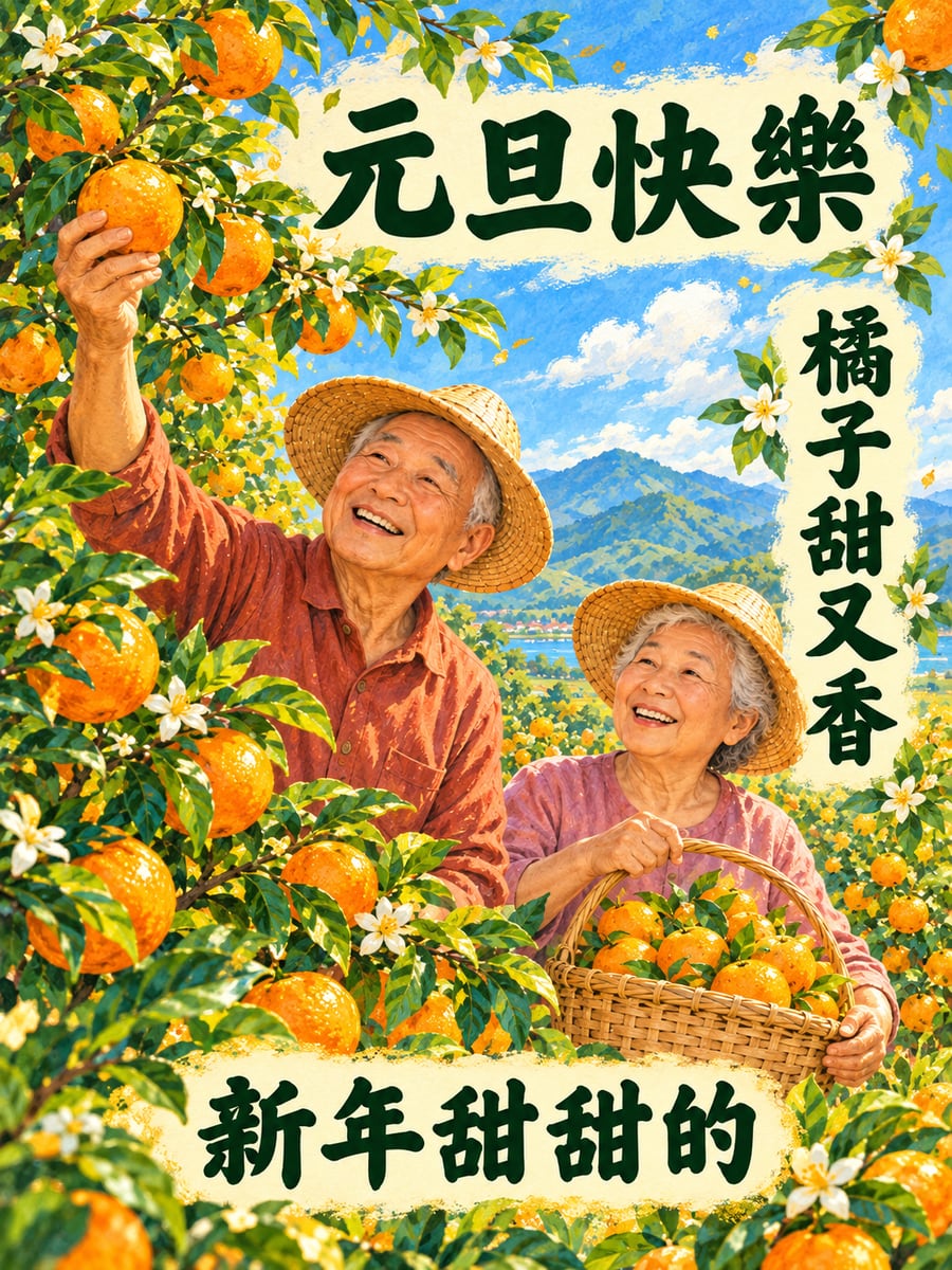 柑橘園採橘子。圖中文字：元旦快樂，橘子甜又香，新年甜甜的