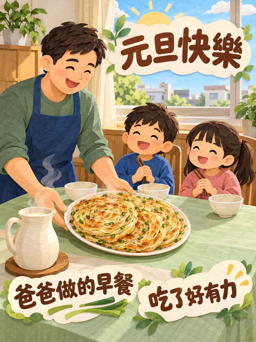 爸爸做的元旦早餐。圖中文字：元旦快樂，爸爸做的早餐，吃了好有力