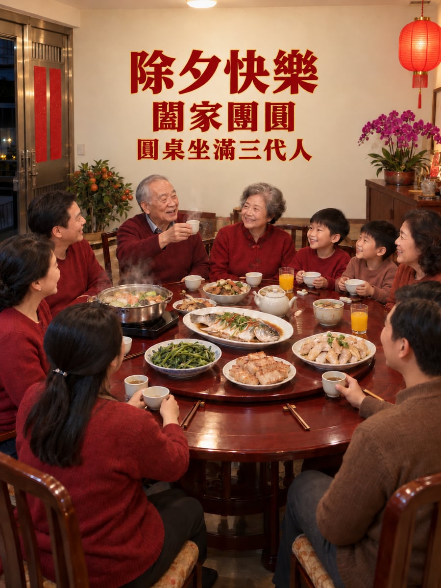 透天厝三代圓桌圍爐。圖中文字：除夕快樂，闔家團圓，圓桌坐滿三代人