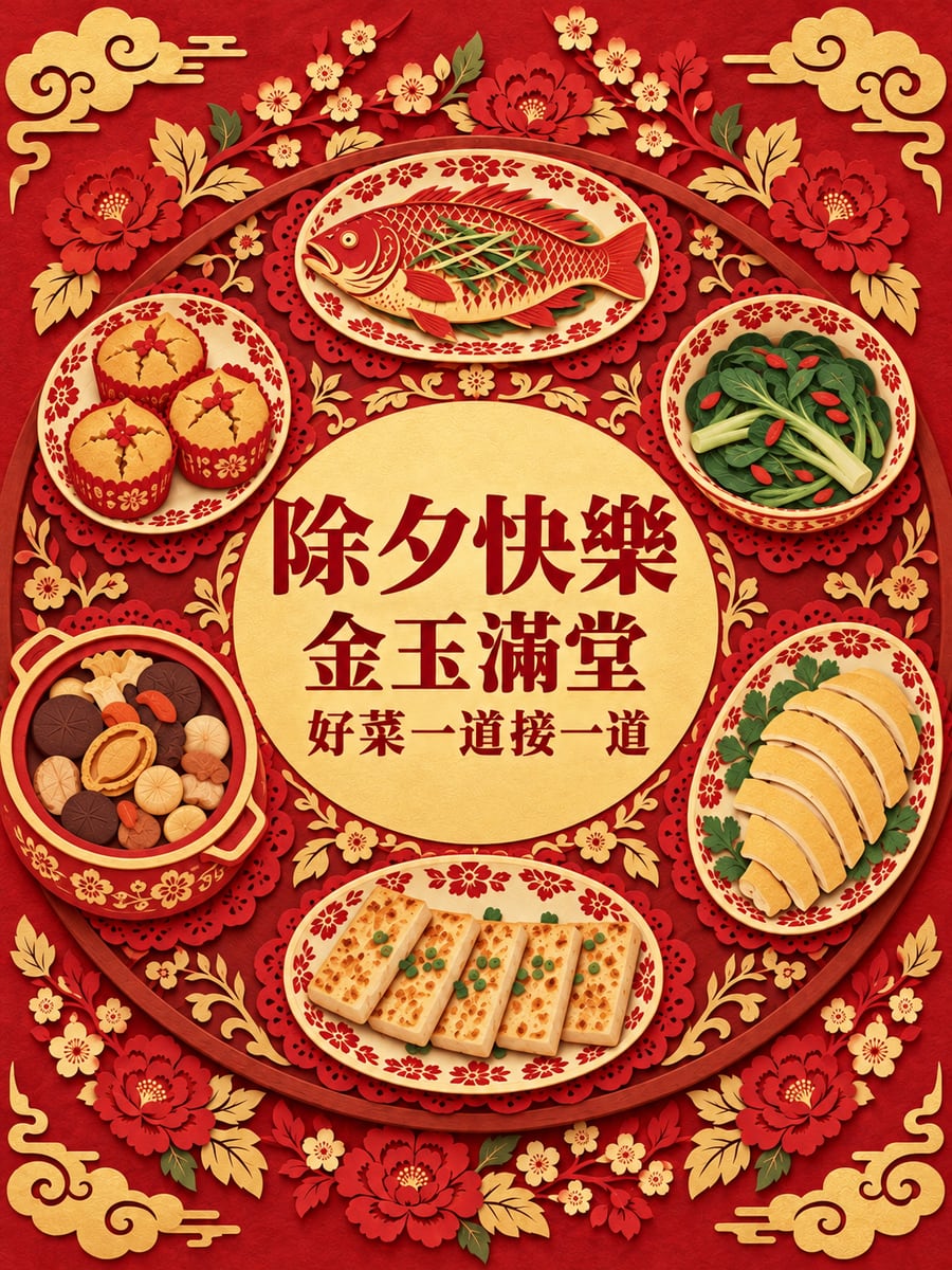 剪紙年夜飯圓桌。圖中文字：除夕快樂，金玉滿堂，好菜一道接一道
