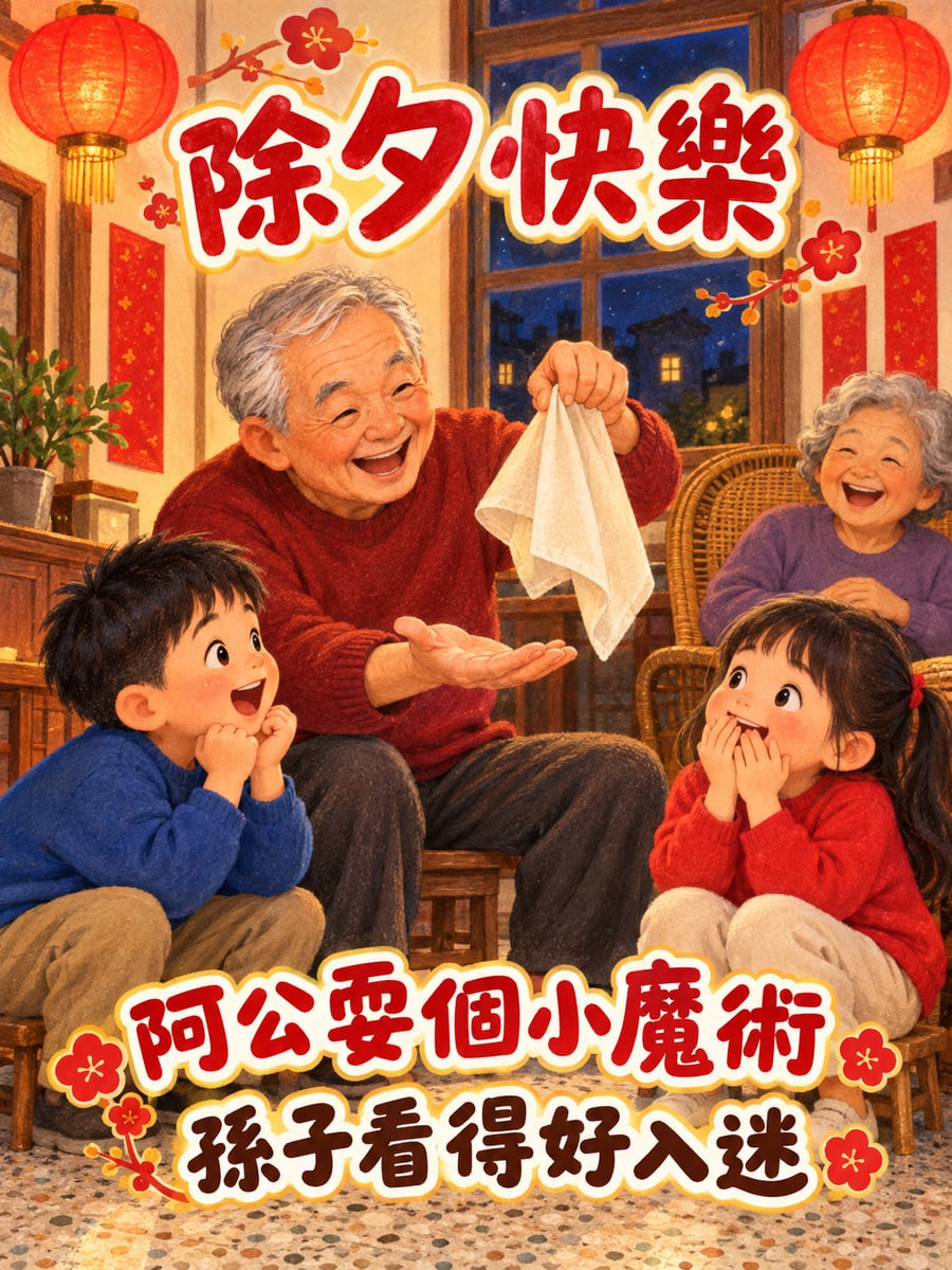 守歲看阿公變魔術。圖中文字：除夕快樂，阿公耍個小魔術，孫子看得好入迷