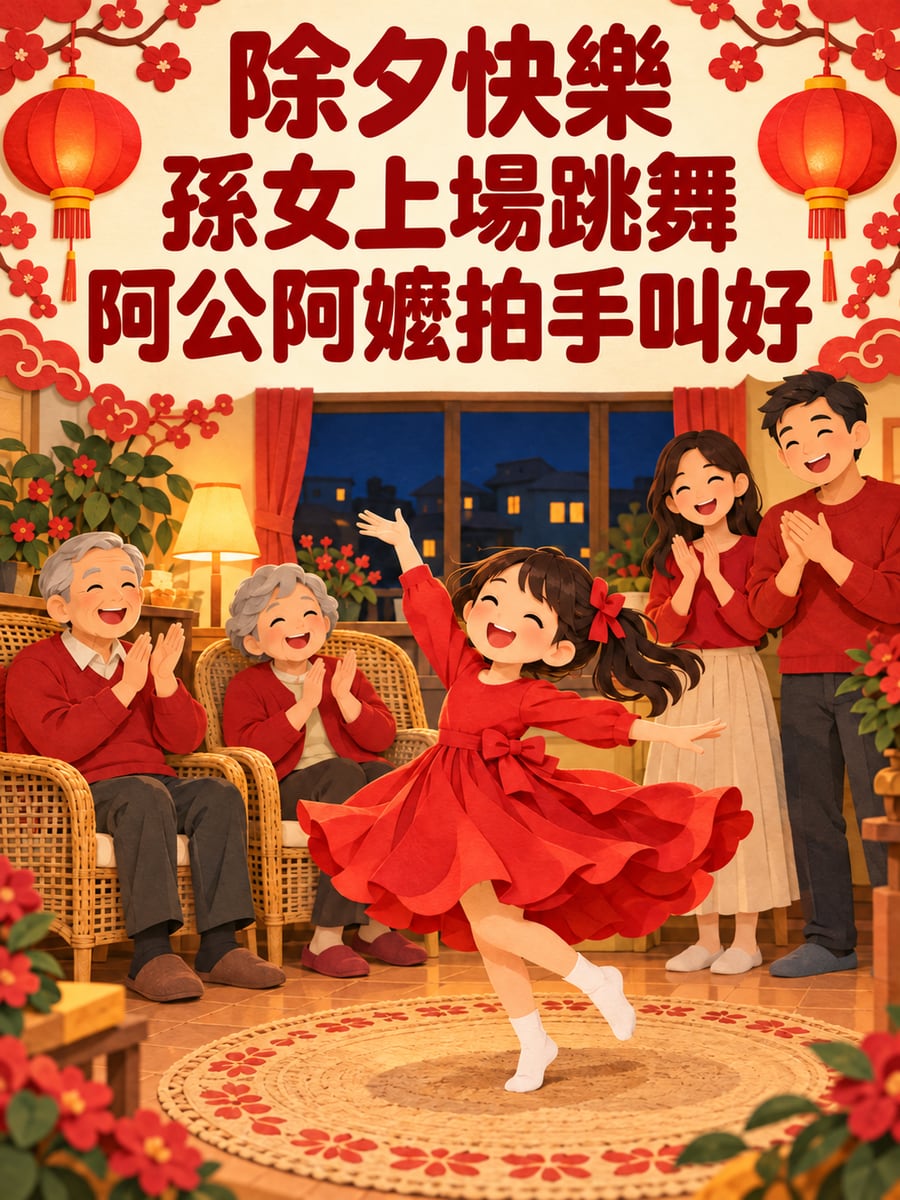 守歲孫女跳舞給長輩看。圖中文字：除夕快樂，孫女上場跳舞，阿公阿嬤拍手叫好