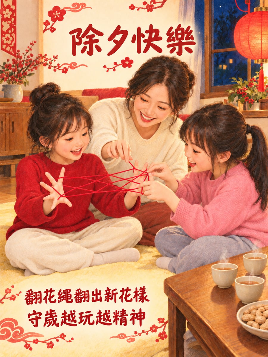 守歲玩翻花繩。圖中文字：除夕快樂，翻花繩翻出新花樣，守歲越玩越精神