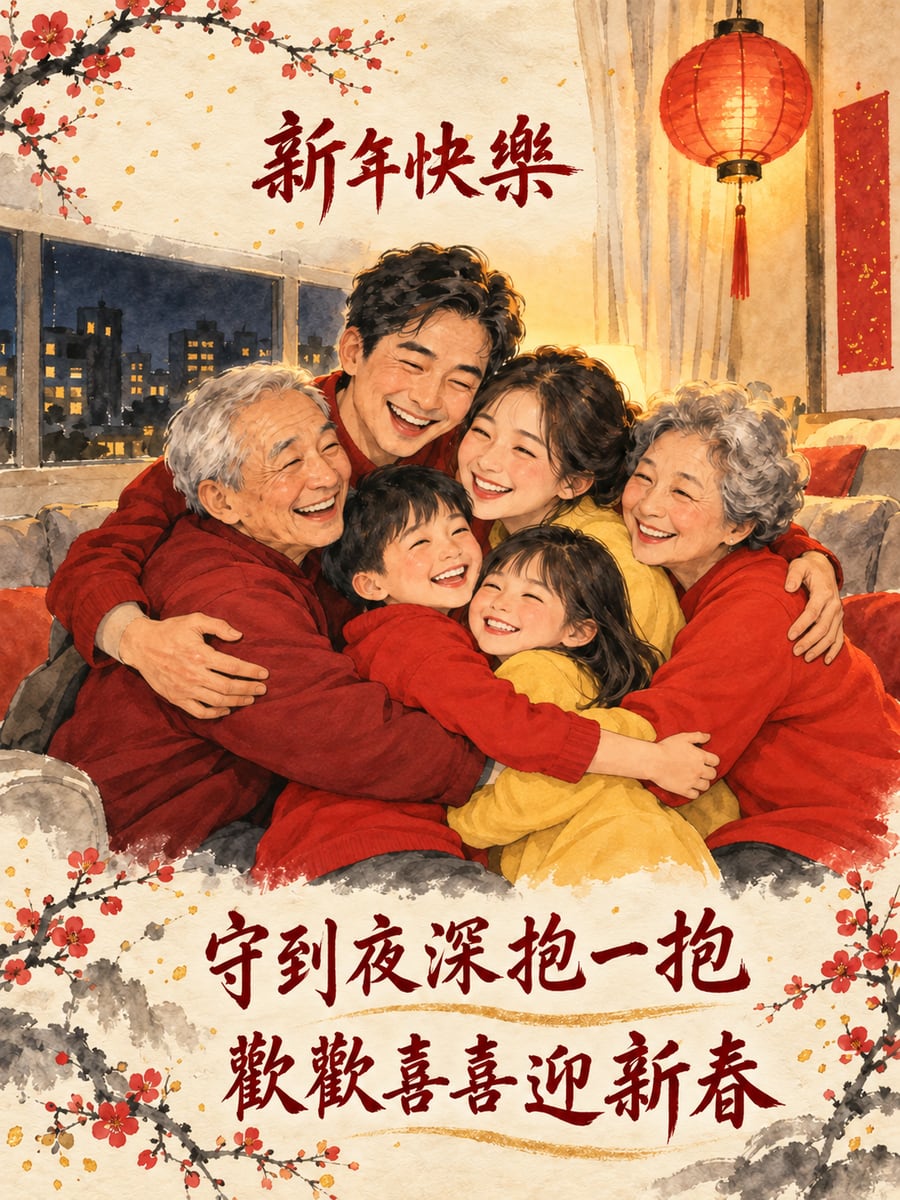 守到夜深全家抱一抱。圖中文字：新年快樂，守到夜深抱一抱，歡歡喜喜迎新春