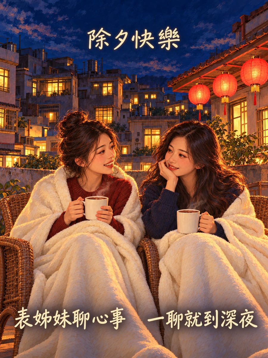 表姊妹頂樓聊心事。圖中文字：除夕快樂，表姊妹聊心事，一聊就到深夜