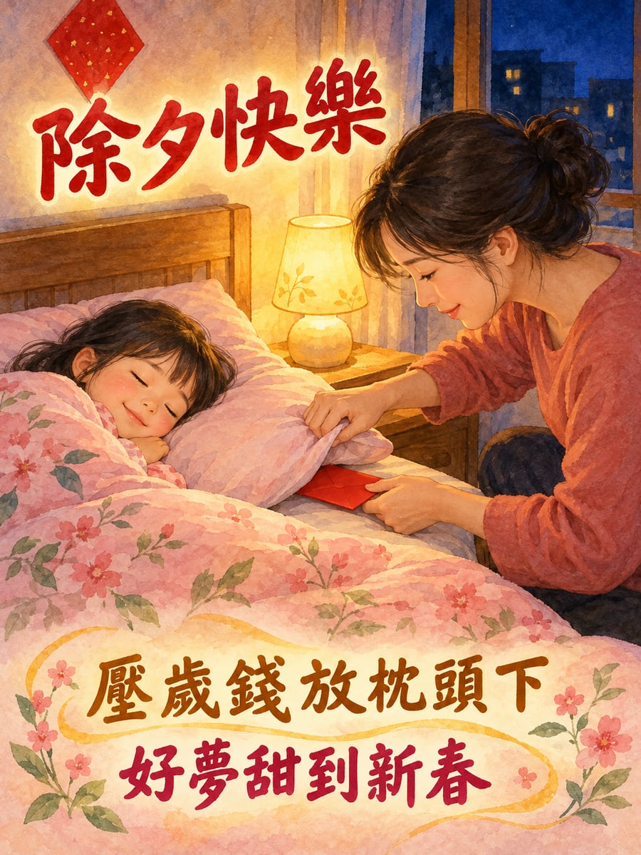 壓在枕頭下的壓歲錢。圖中文字：除夕快樂，壓歲錢放枕頭下，好夢甜到新春