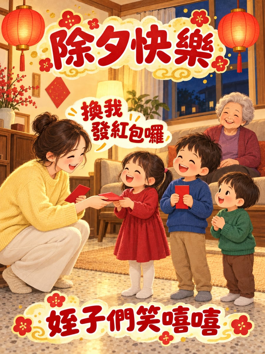 第一次當姑姑發紅包。圖中文字：除夕快樂，換我發紅包囉，姪子們笑嘻嘻