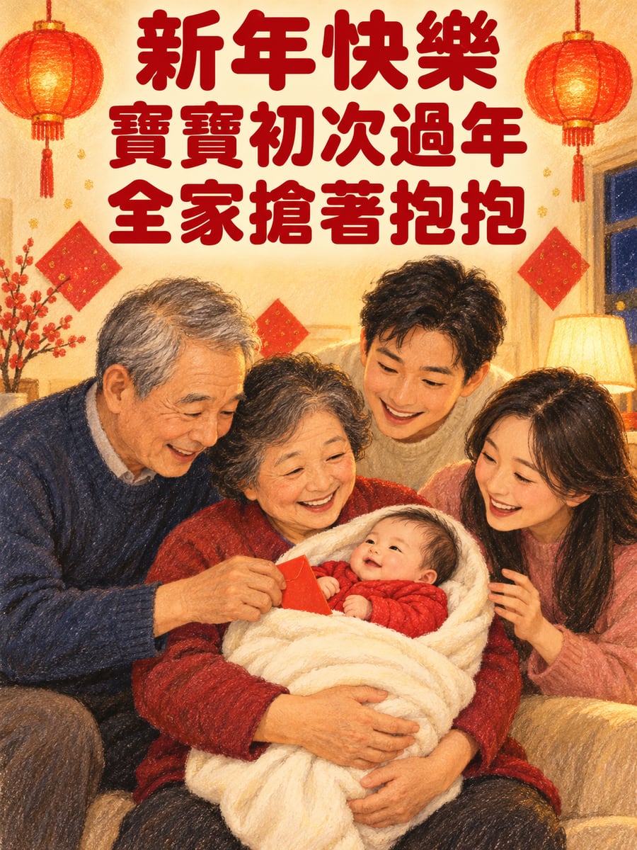 寶寶的第一個除夕。圖中文字：新年快樂，寶寶初次過年，全家搶著抱抱