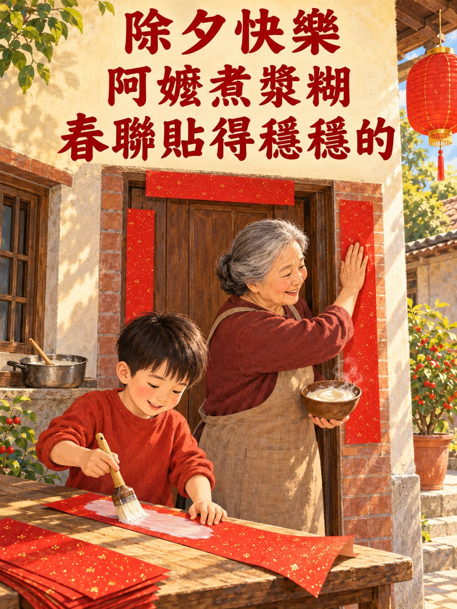 阿嬤煮漿糊貼春聯。圖中文字：除夕快樂，阿嬤煮漿糊，春聯貼得穩穩的