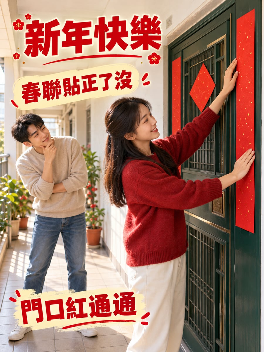 姊弟在公寓鐵門貼春聯。圖中文字：新年快樂，春聯貼正了沒，門口紅通通