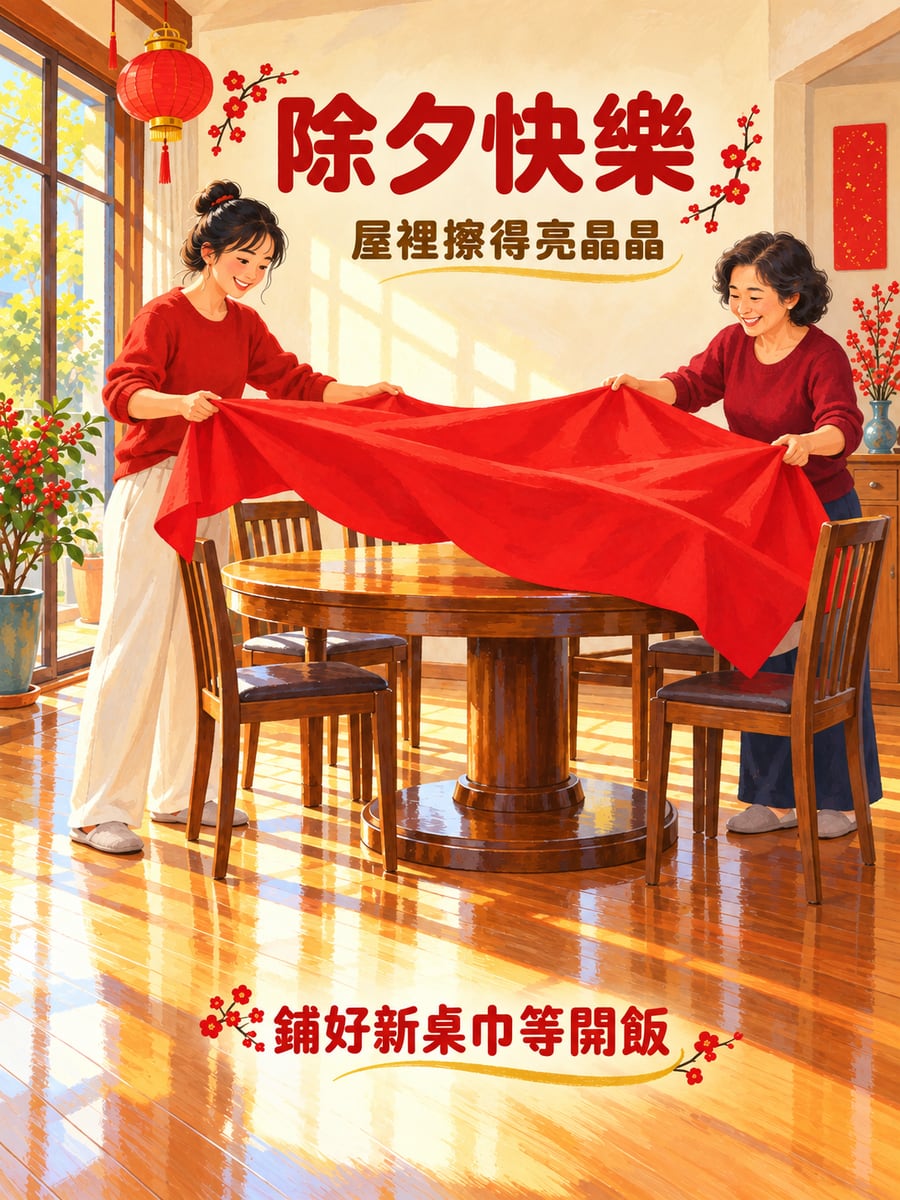 大掃除後鋪上新桌巾。圖中文字：除夕快樂，屋裡擦得亮晶晶，鋪好新桌巾等開飯